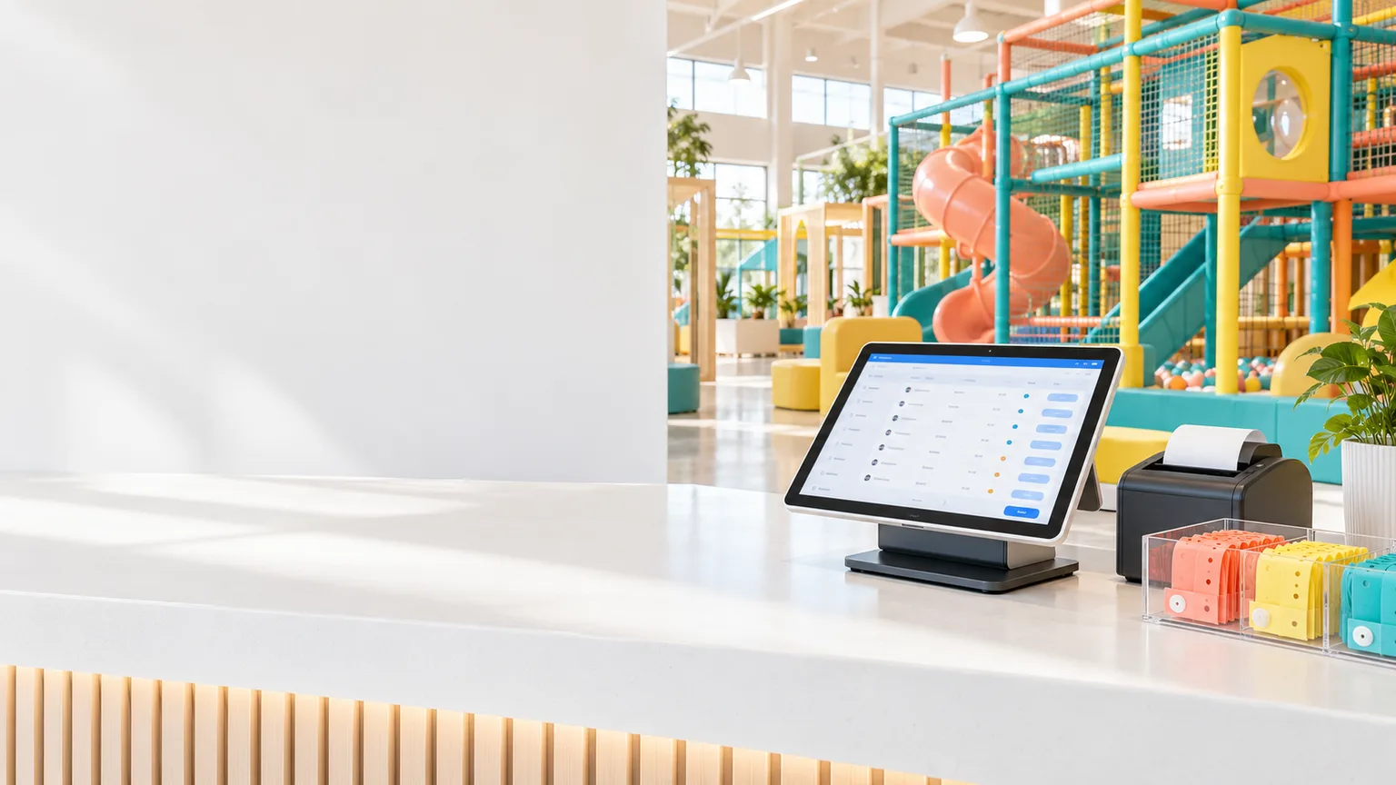 Conceptual play venue reception with a ticketing tablet, receipt printer and colorful soft-play structures.